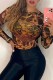 Brown Sexy Figure Print Zipper Swimwears