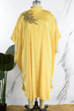 Yellow Casual Daily Solid Appliques Beading O Neck Long Dress Dresses