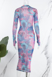 Colour Sexy Print Patchwork O Neck Pencil Skirt Dresses