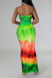 Yellow Pink Sexy Casual Print Backless Strapless Long Dress Dresses