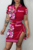 Red Sexy Print Patchwork Buckle Slit Short Sleeve Two Pieces