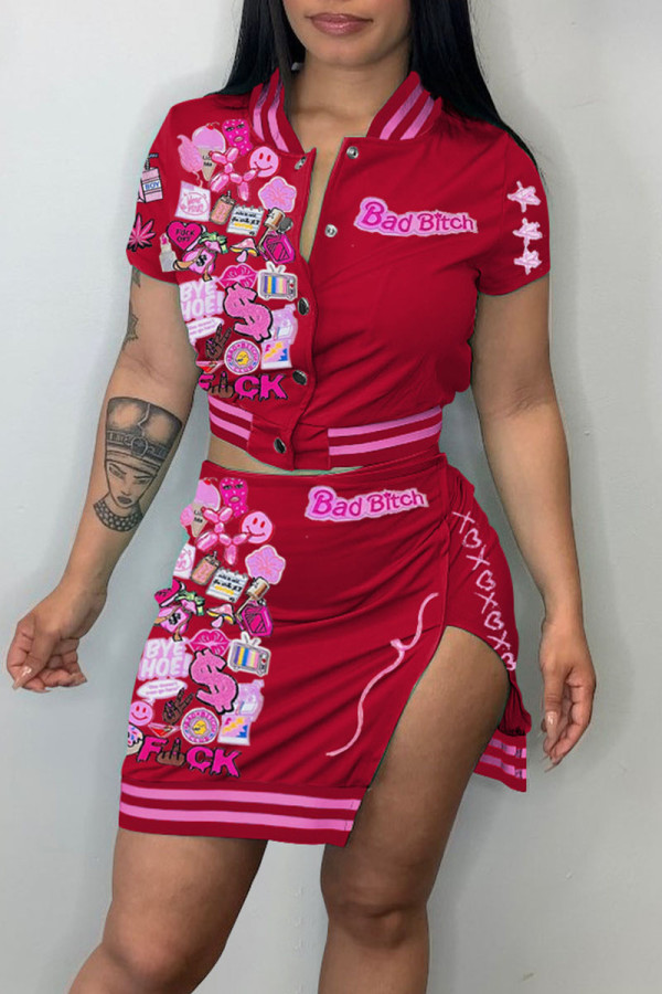 Red Sexy Print Patchwork Buckle Slit Short Sleeve Two Pieces