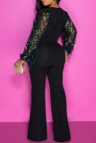 Black Casual Patchwork Tassel Sequins Regular Jumpsuits