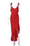 Red Sexy Solid Backless Slit Spaghetti Strap Long Dress Dresses