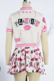 Red Casual Street Print Patchwork Buckle Fold Short Sleeve Two Pieces