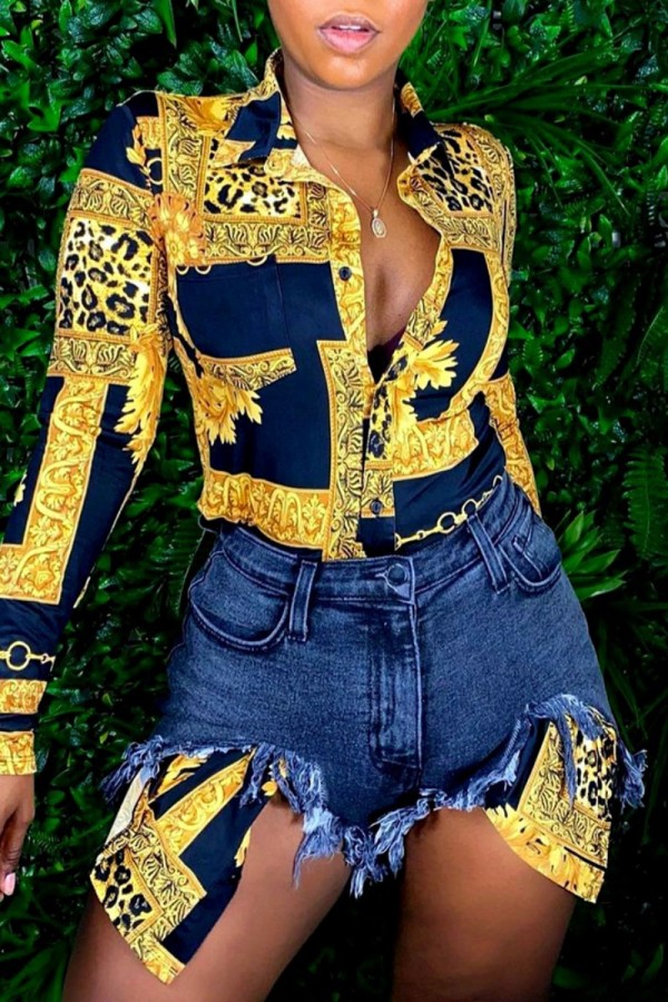 Yellow Casual Print Patchwork Shirt Collar Tops