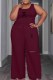 Burgundy Casual Print Ripped Letter U Neck Sleeveless Two Pieces