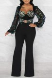 Black Casual Patchwork Tassel Sequins Regular Jumpsuits