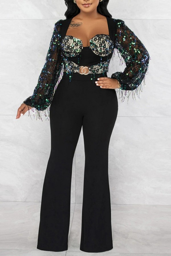 Black Casual Patchwork Tassel Sequins Regular Jumpsuits