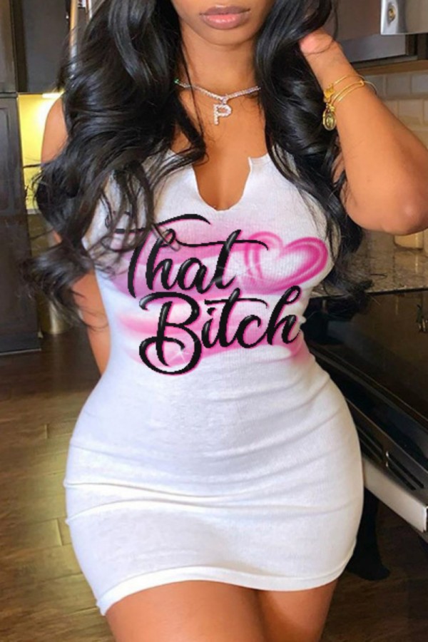 White Sexy Casual Print Basic V Neck Vest Dress Dresses