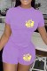 Purple Casual Print Letter O Neck Short Sleeve Two Pieces
