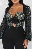 Black Casual Patchwork Tassel Sequins Regular Jumpsuits