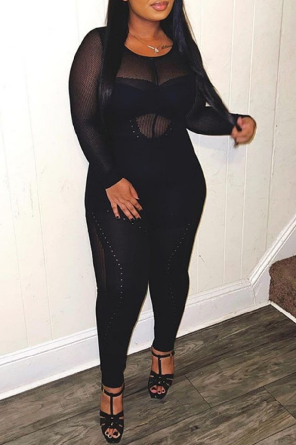 Black Sexy Solid See-through O Neck Skinny Jumpsuits