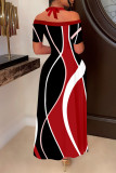 Red Casual Elegant Print Patchwork Asymmetrical Collar Straight Dresses