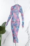 Colour Sexy Print Patchwork O Neck Pencil Skirt Dresses