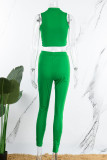 Green Sexy Solid Patchwork See-through O Neck Sleeveless Two Pieces