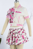 Red Casual Street Print Patchwork Buckle Fold Short Sleeve Two Pieces