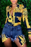 Yellow Casual Print Patchwork Shirt Collar Tops