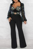 Black Casual Patchwork Tassel Sequins Regular Jumpsuits