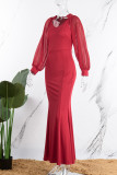 Blue Elegant Solid Patchwork Asymmetrical Collar Evening Dress Dresses