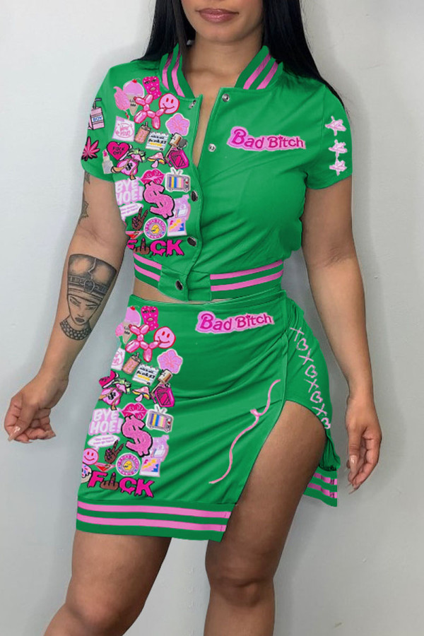 Green Sexy Print Patchwork Buckle Slit Short Sleeve Two Pieces