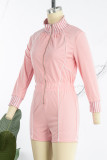 Pink College Solid Patchwork Zipper Collar Regular Rompers