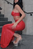 Red Sexy Solid Patchwork Backless Spaghetti Strap Long Dress Dresses