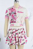 Red Casual Street Print Patchwork Buckle Fold Short Sleeve Two Pieces