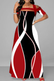 Red Casual Elegant Print Patchwork Asymmetrical Collar Straight Dresses