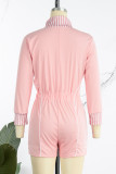 Pink College Solid Patchwork Zipper Collar Regular Rompers