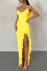 Yellow Sexy Solid Backless Slit Spaghetti Strap Long Dress Dresses