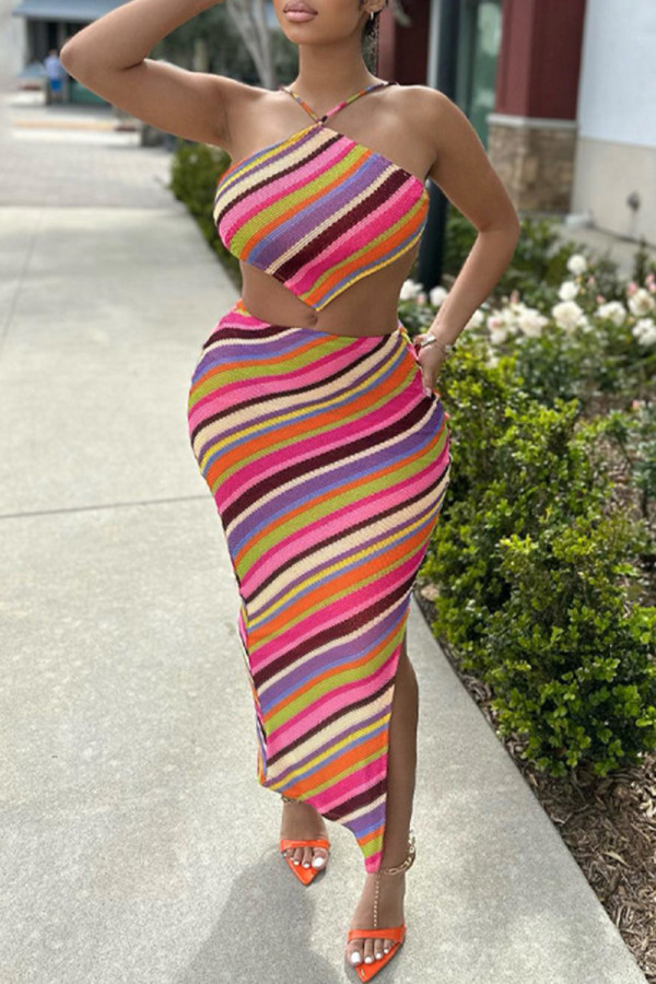 Colour Sexy Patchwork Bandage Backless Slit Spaghetti Strap Sleeveless Two Pieces