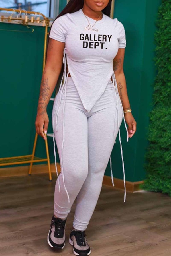 Grey Street Print Letter Asymmetrical O Neck Short Sleeve Two Pieces