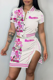 Red Sexy Print Patchwork Buckle Slit Short Sleeve Two Pieces