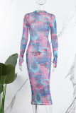 Colour Sexy Print Patchwork O Neck Pencil Skirt Dresses