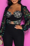 Black Casual Patchwork Tassel Sequins Regular Jumpsuits