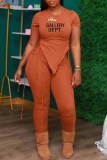 Orange Street Print Letter Asymmetrical O Neck Short Sleeve Two Pieces