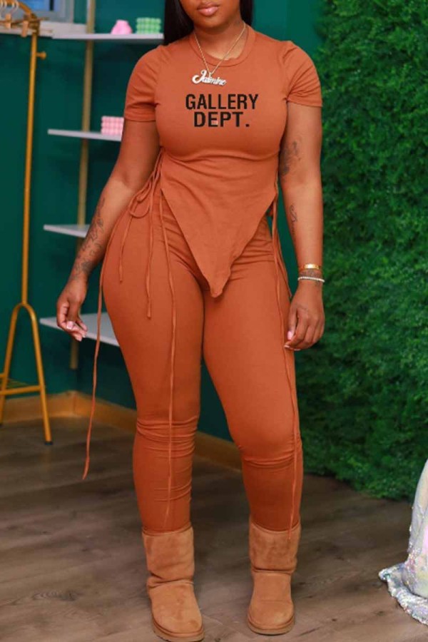 Orange Street Print Letter Asymmetrical O Neck Short Sleeve Two Pieces
