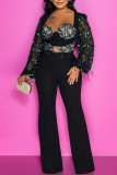 Black Casual Patchwork Tassel Sequins Regular Jumpsuits