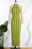 Green Sexy Striped Print Patchwork Halter Pencil Skirt Dresses