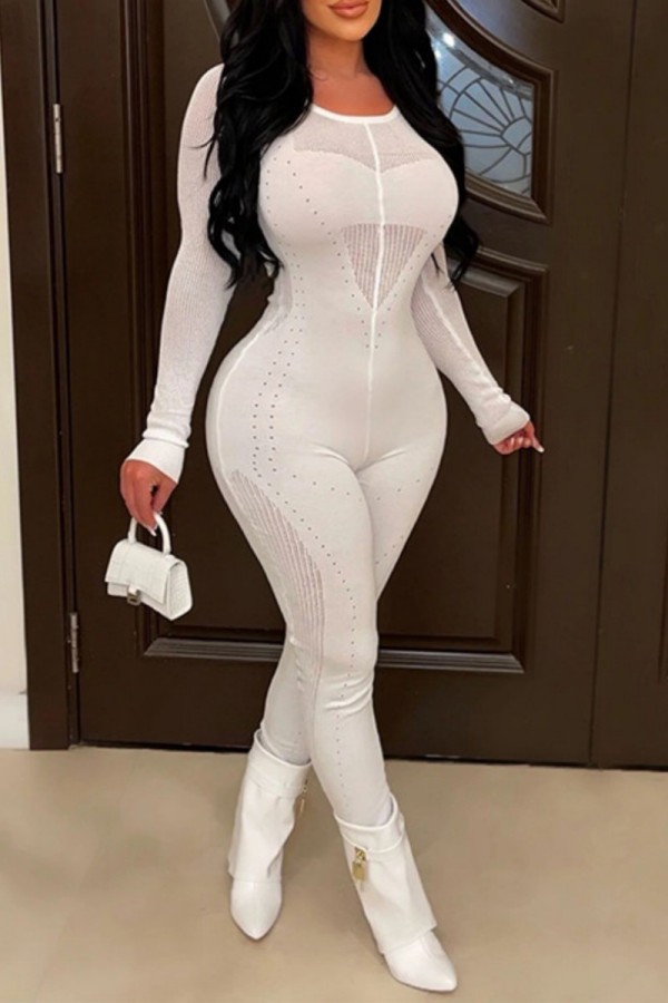 White Sexy Solid See-through O Neck Skinny Jumpsuits