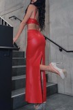 Red Sexy Solid Patchwork Backless Spaghetti Strap Long Dress Dresses