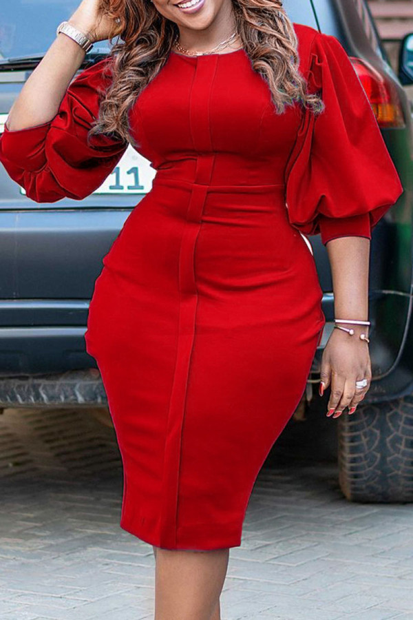 Red Casual Elegant Solid Patchwork O Neck One Step Skirt Dresses