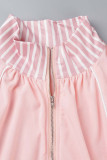 Pink College Solid Patchwork Zipper Collar Regular Rompers