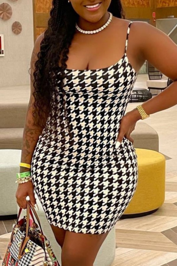 Black And White Sexy Print Backless Spaghetti Strap Sleeveless Dress Dresses