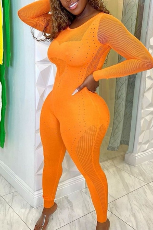 Orange Sexy Solid See-through O Neck Skinny Jumpsuits