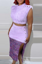 Purple Casual Patchwork Slit O Neck Sleeveless Two Pieces