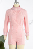 Pink College Solid Patchwork Zipper Collar Regular Rompers