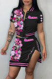 Red Sexy Print Patchwork Buckle Slit Short Sleeve Two Pieces