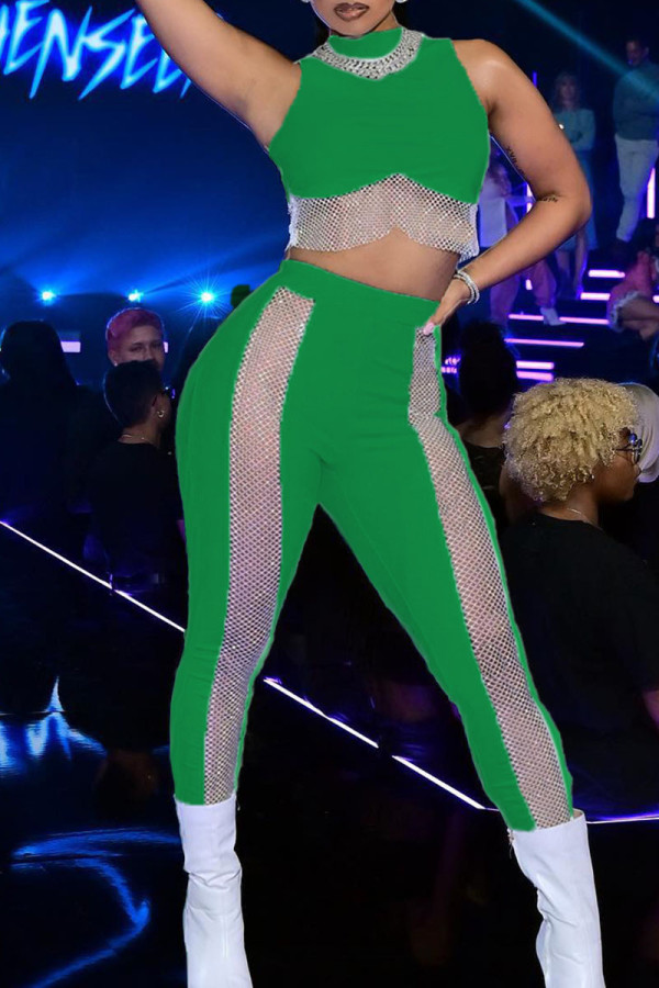 Green Sexy Solid Patchwork See-through O Neck Sleeveless Two Pieces